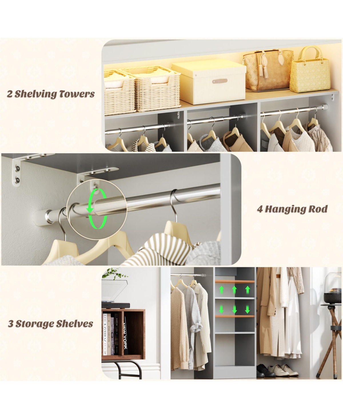 Aheaplus 4FT Small Closet Organizer with 4 Rods and 3 Shelves, 48'' System for Space