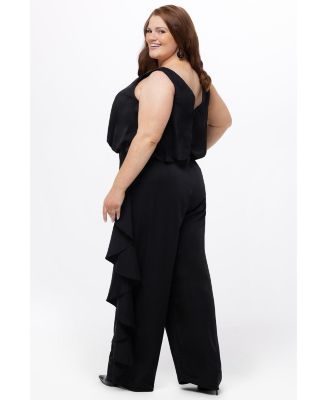 Women's V-Neck Stretch Satin Jumpsuit with Ruffles