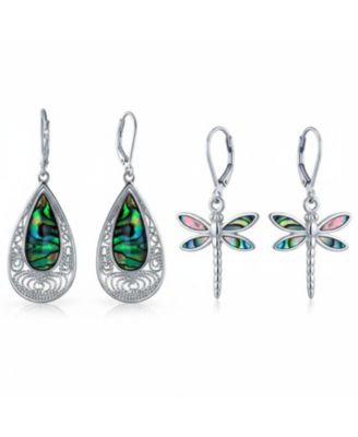Set of 2 Butterfly Dragonfly Firefly & Filigree Teardrop Abalone Shell Dangle Earrings
