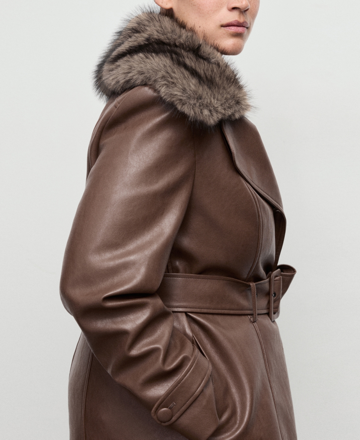 Mango Women's Fur Collar Leather-effect Coat In Brown