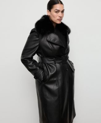 Women's Fur Collar Leather-Effect Coat