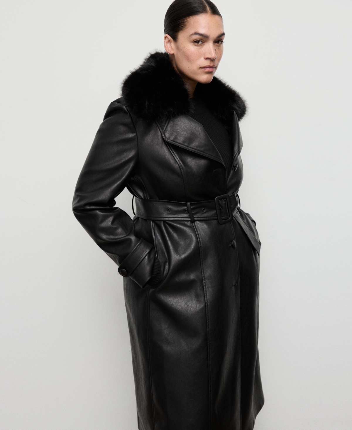 Mango Women's Fur Collar Leather-effect Coat In Black