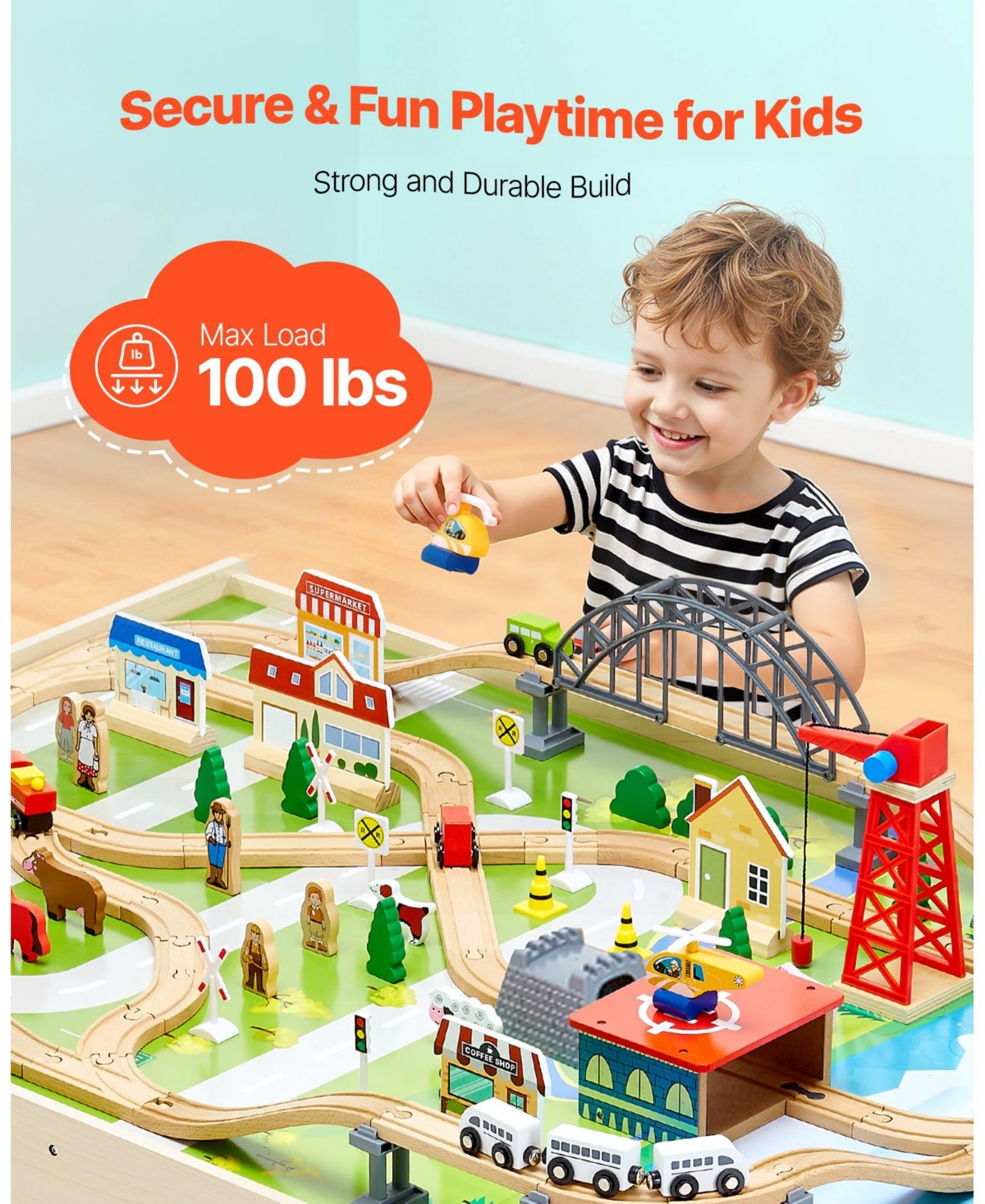 Mecale Train Table, 120 Pcs Wooden Activity Table with Collapsible Bin, 3-in-1 Train Set for Playing, Drawing & Reading