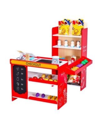Kids Grocery Store Playset, Wooden Store with Bag, Conveyor Belt, Scanner, Cash Register & Scale, Pretend Supermarket Toy