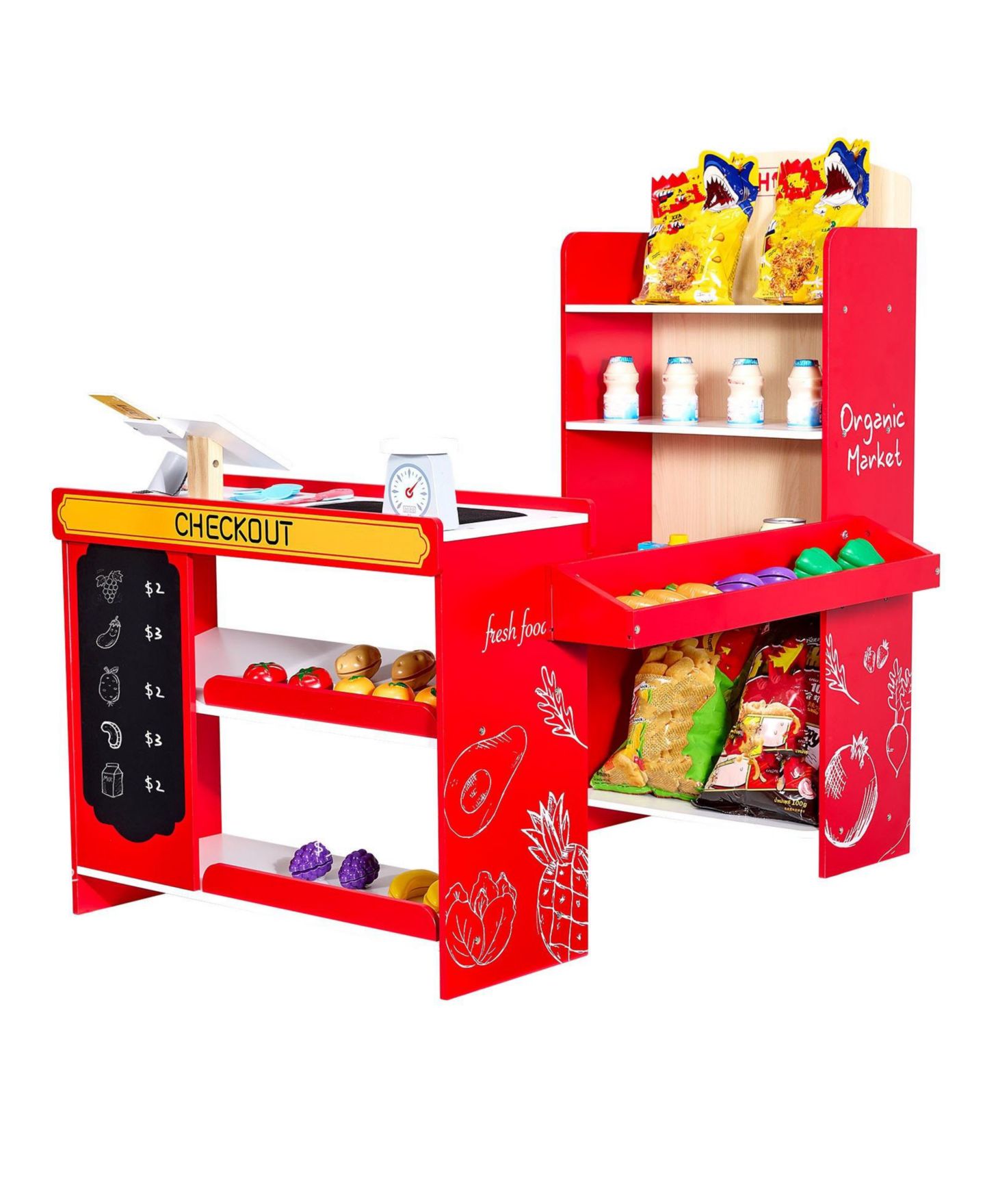 Детский игровой набор Mecale Grocery Store Wooden 35-Piece Playset with Working Conveyor Belt, Ages 3+, цвет: Красный — фото 1