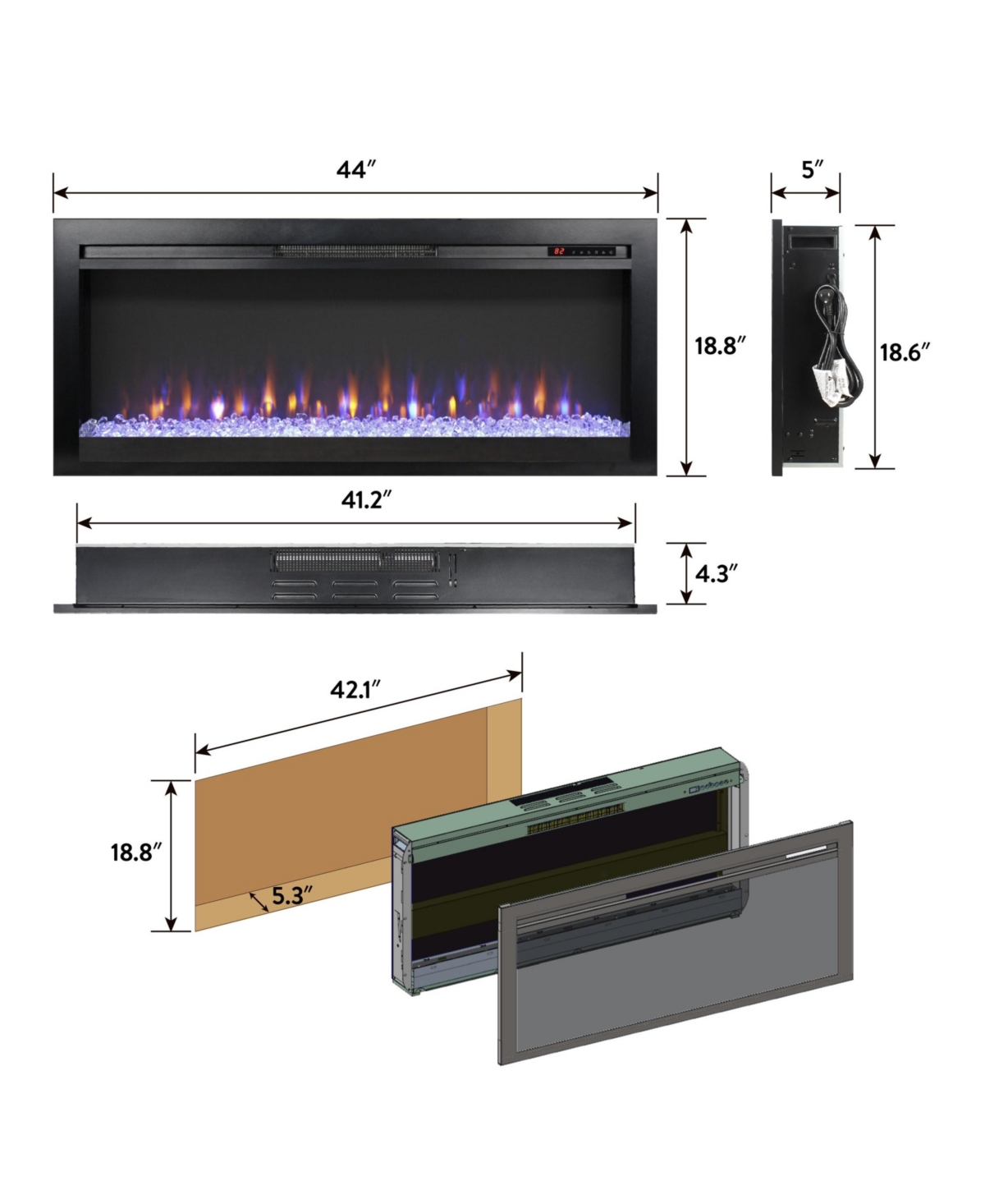 Flynama 44 inch in wall recessed electric fireplace with remote and multi color flame & emberbed, Led light heater