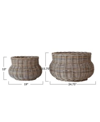 Round Hand-Woven Rattan Round Planters, Grey, Set of 2