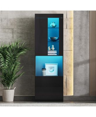 Storage Cabinet with LED Lights Tall Pantry Cabinet with Acrylic Door and Tempered Glass Shelves