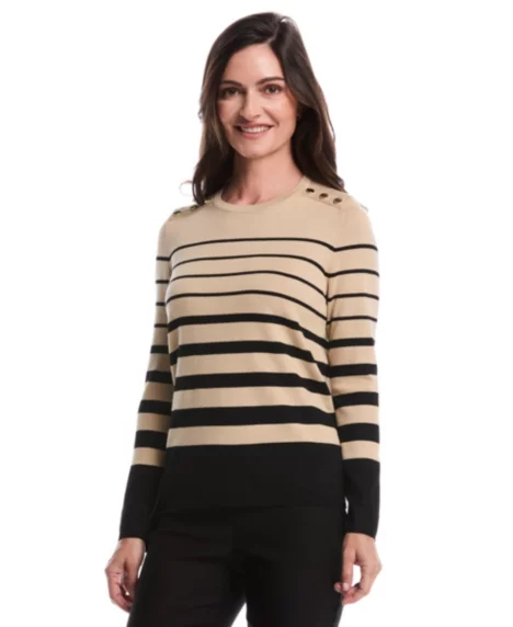 Petite Striped Print Rivet Detail Long-Sleeve Sweater - Irish Cream