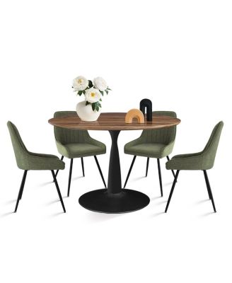 5-Piece Dining Table Set with Round Walnut Table, Metal Base and Upholstered Chairs for Space-Saving Kitchen Use