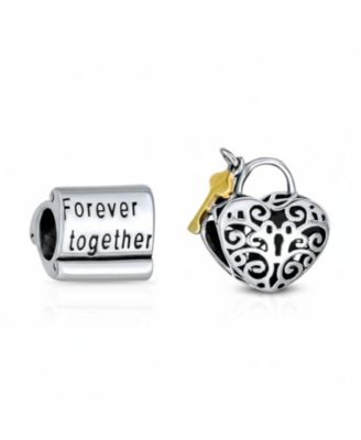 Set of 2 Words Mantra Forever Together & Heart Lock Charm Bead Sterling Silver