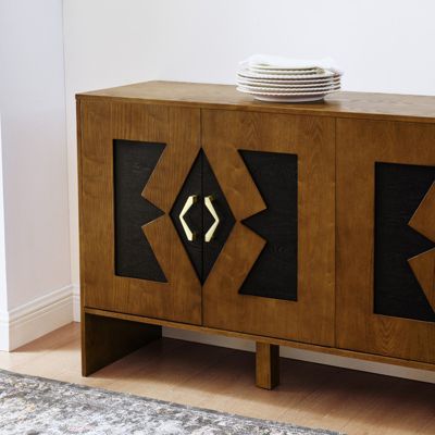 60" Mid Century Modern Storage Cabinet with Geometric Pattern & Adjustable Shelves