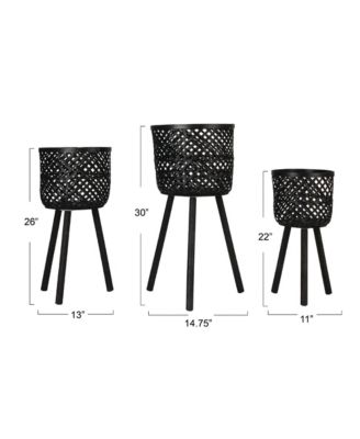 Woven Bamboo Baskets with Wooden Legs, Black, Set of 3