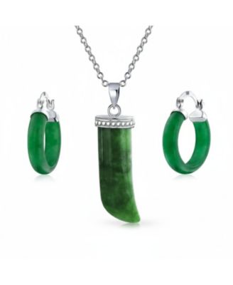 Italian Horn Green Narutal Jade Pendant Necklace and Tube Hoop Earrings Jewelry Set Sterling Silver