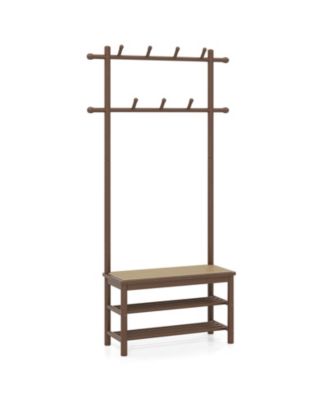 Bamboo Coat Rack with Bench Shoe Storage 2 Hanging Rods 11 Hanging Hooks Shelves