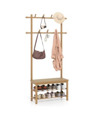 Bamboo Coat Rack with Bench Shoe Storage 2 Hanging Rods 11 Hanging Hooks Shelves