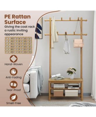 Bamboo Coat Rack with Bench Shoe Storage 2 Hanging Rods 11 Hanging Hooks Shelves