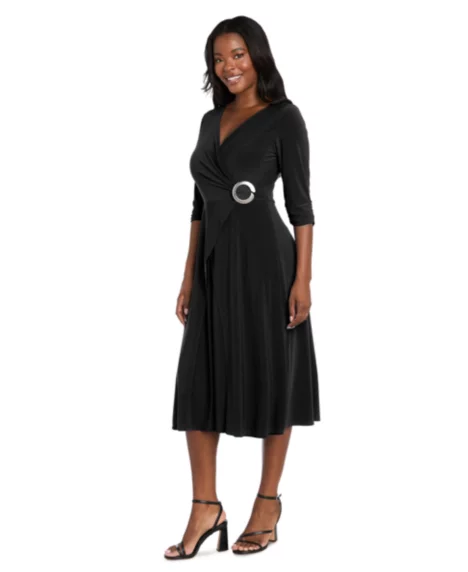 Petite 3/4-Sleeve Hardware Midi Dress - Black