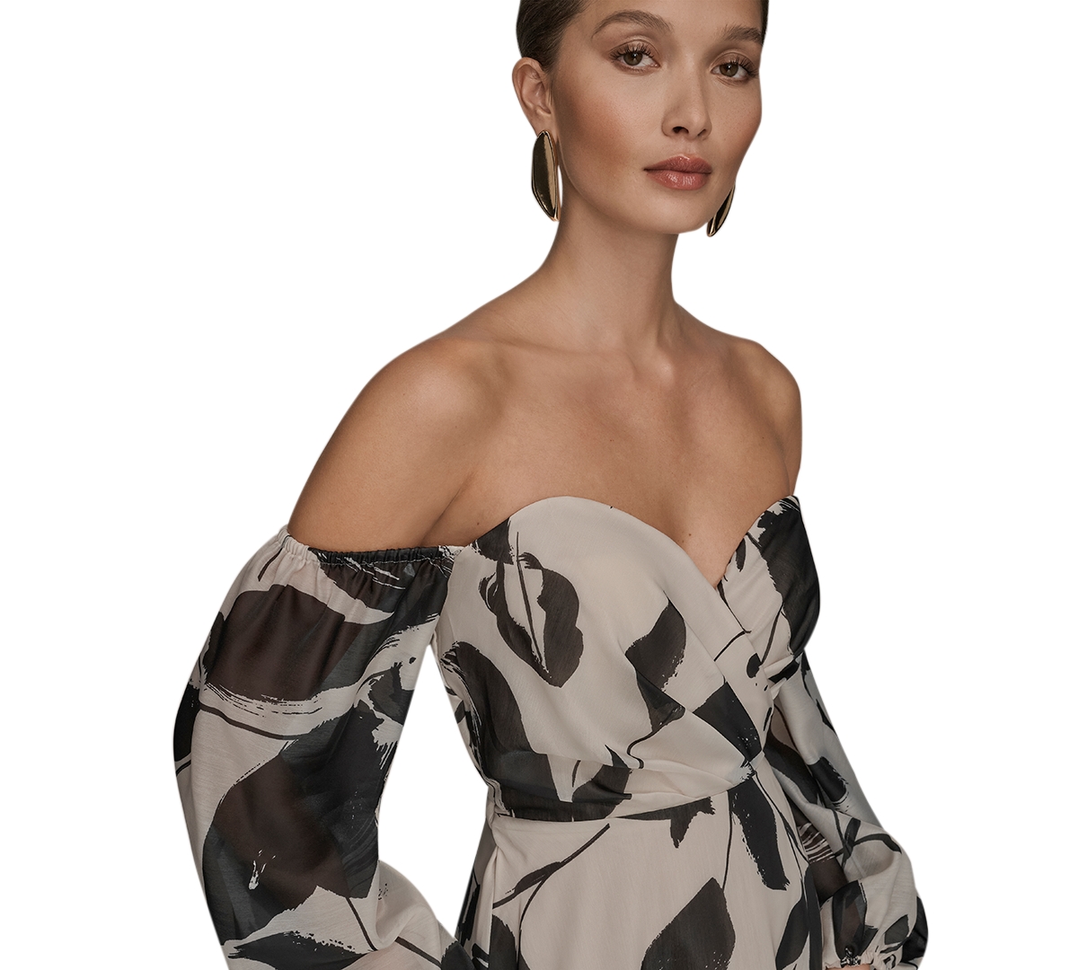 Donna Karan New York Women's Floral Print Sweetheart Neckline Puff Sleeve Gown