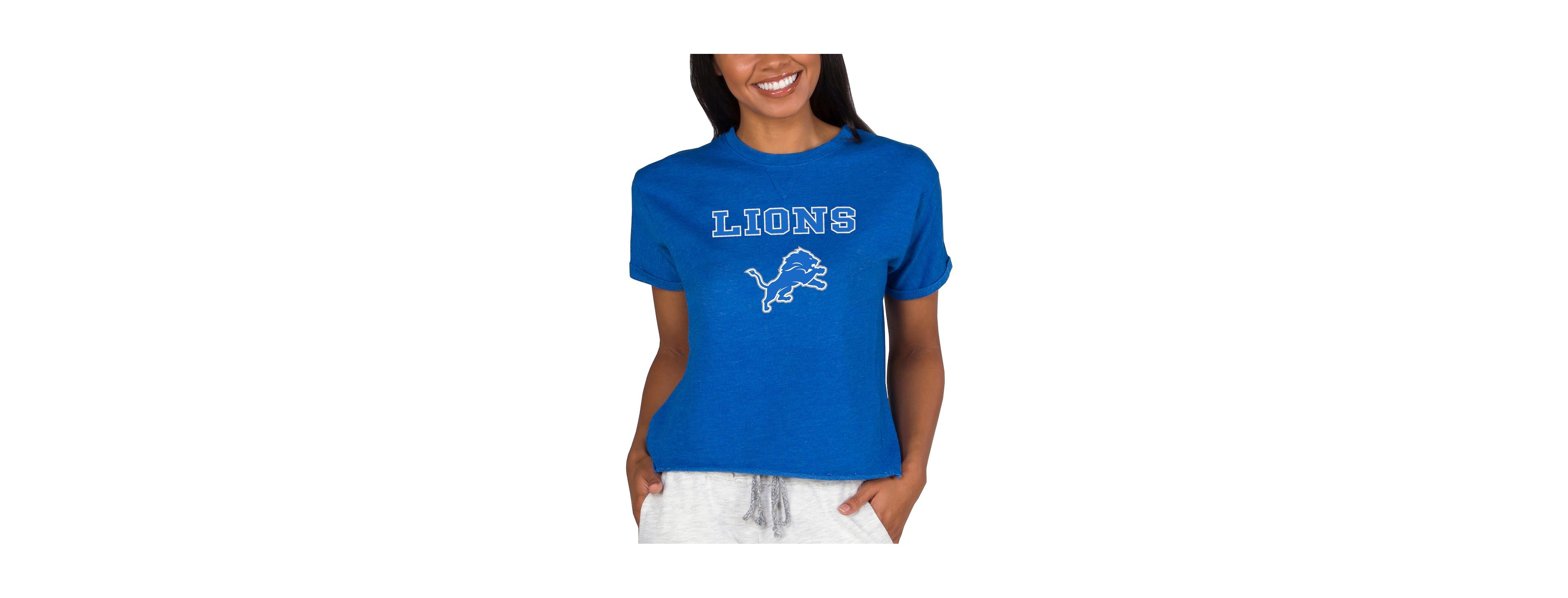 Women's Blue Detroit Lions Tri-Blend Mainstream Terry Short Sleeve Sweatshirt Top