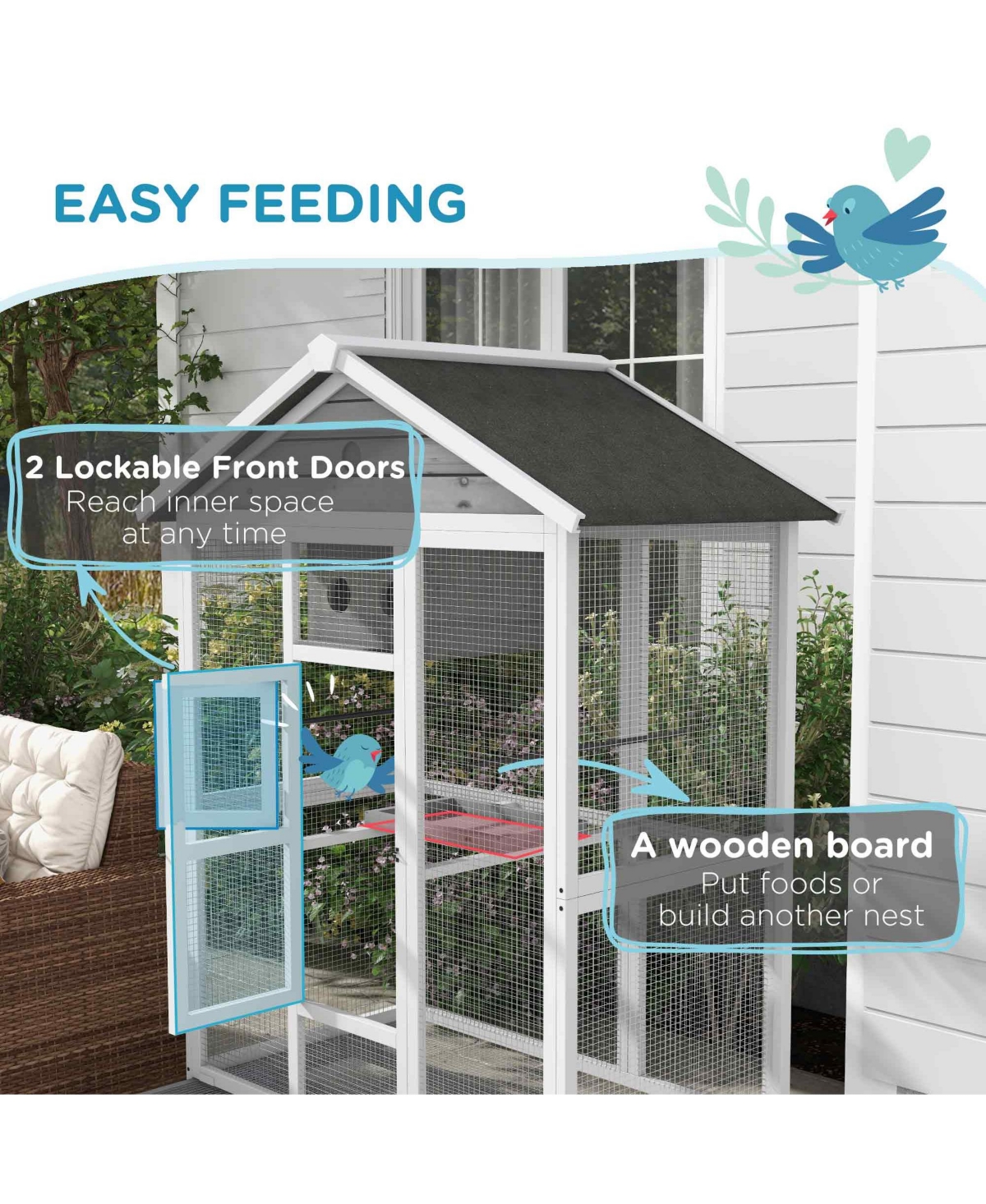 PawHut 64.5" Wooden Bird Cage Aviary, Flight Cage with Slide-Out Tray