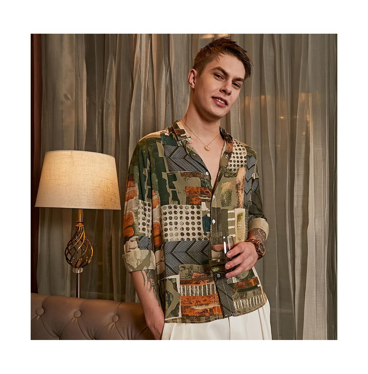 Campus Sutra Men's Olive Green & Coffee Brown Earthy-Abstract Shirt