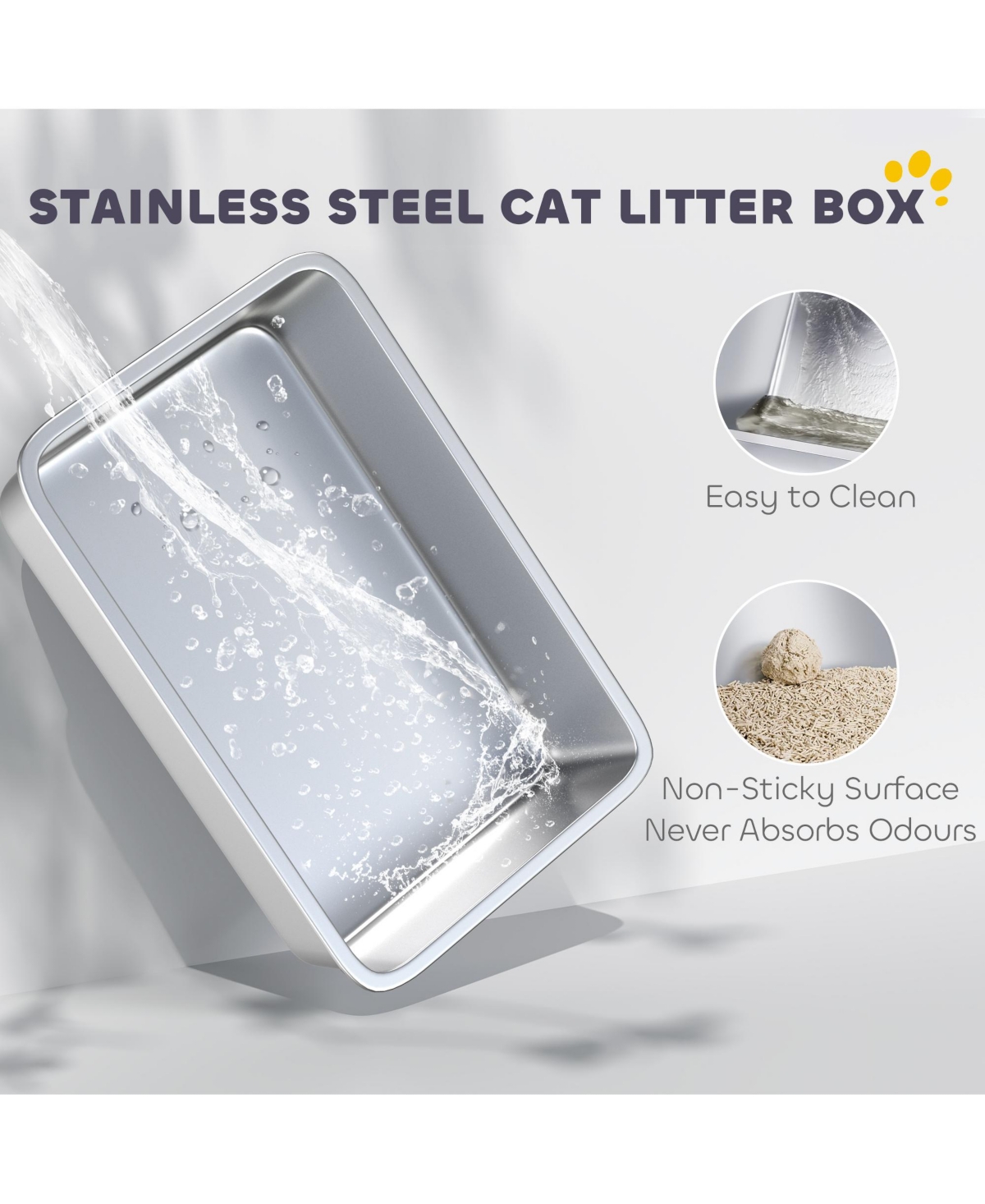 PawHut Xl Stainless Steel Cat Litter Box High Sided Include Scoop & Pad