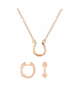 Equestrian Horseshoe Necklace and Snaffle Bit Hoop Earrings Jewelry Set Rose Gold Plated Sterling Silver