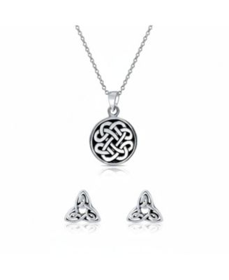 Celtic Knot Irish Friendship Pendant Necklace & Trinity Infinity Knot Stud Earrings Set – Oxidized Sterling Silver