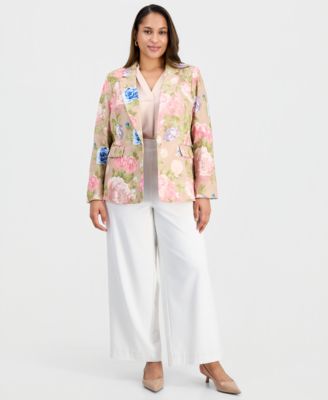 Plus Size Printed Notch-Lapel Satin Blazer