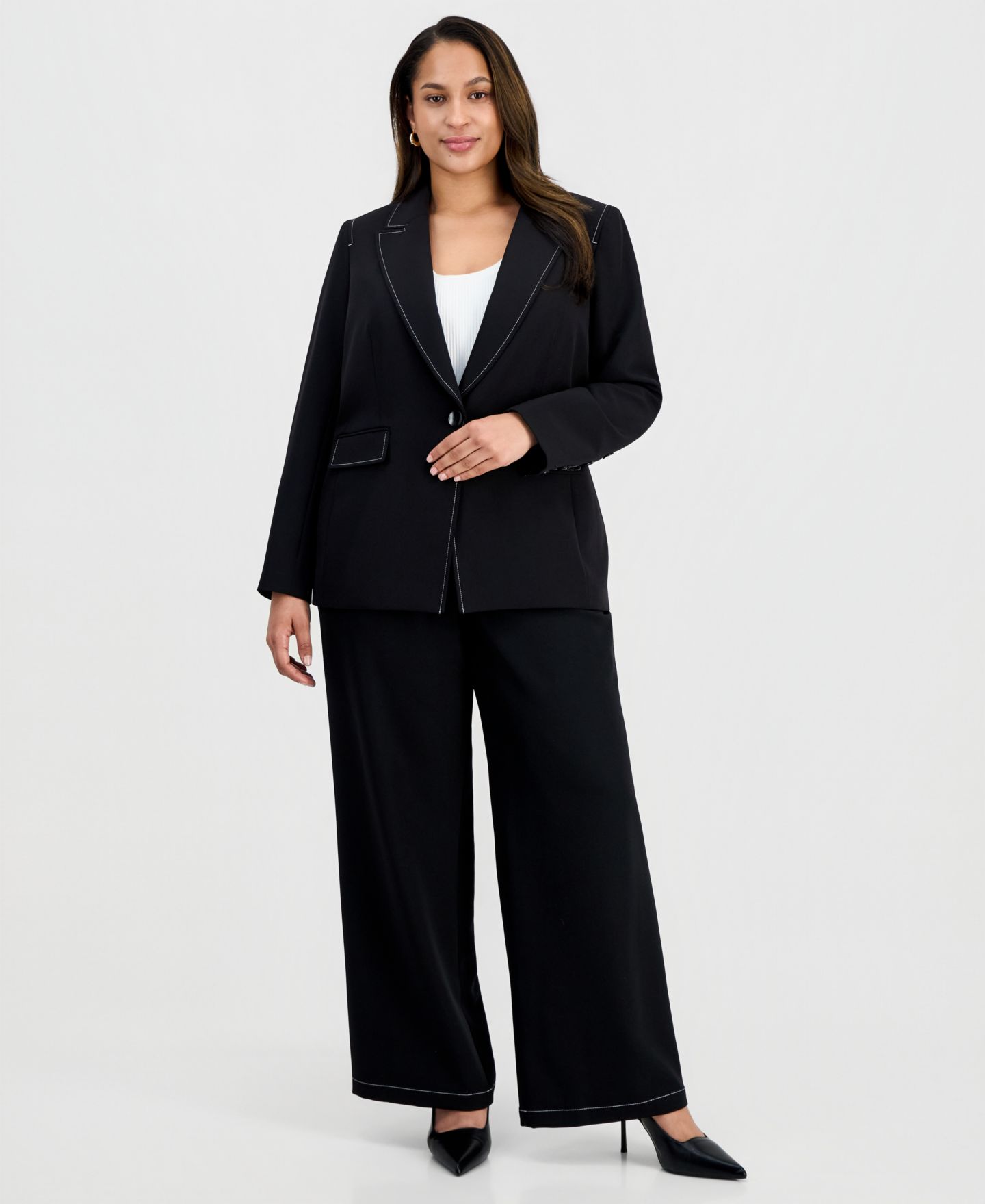 Женский пиджак Tahari ASL Plus Size Peak-Lapel Single-Button-Front Long-Sleeve Blazer, цвет: Чёрный белый — фото 2