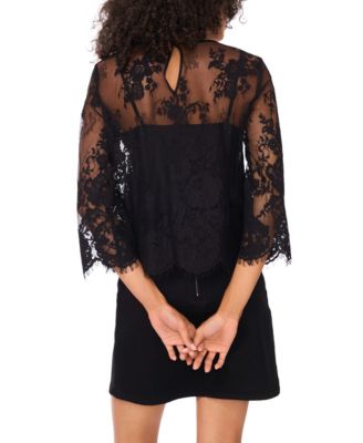 Women's Floral-Lace Scalloped-Hem 3/4-Sleeve Top