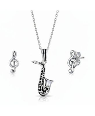 Music-Inspired Saxophone Pendant Necklace & Treble Clef Stud Earrings Set Sterling Silver