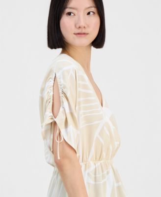 Women's Elbow Sleeve Printed Faux Wrap Top