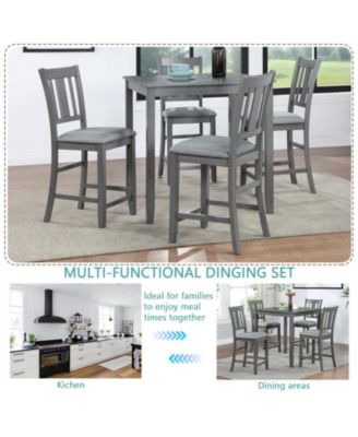 5-Piece Grey Counter Height Kitchen Dining Set with Square Wood Table and 4 Upholstered Chairs