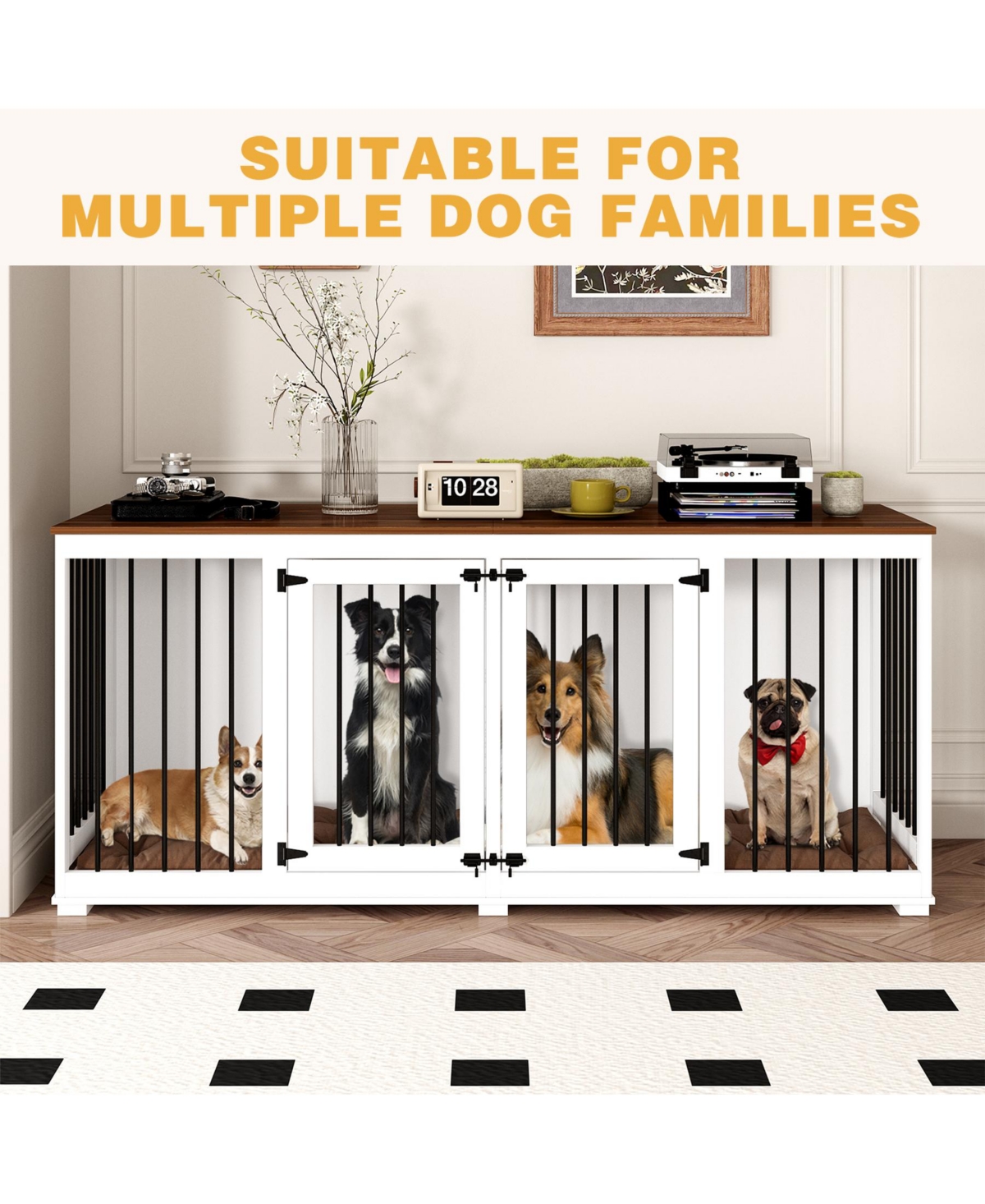 Homsee 71 Inch Dog Crate Furniture, Heavy-Duty Wooden Dog Kennel with Trays and Divider for Large Medium Dogs
