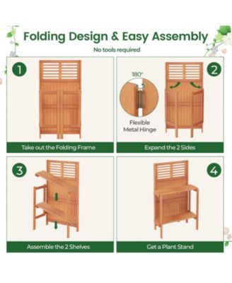Folding Garden Potting Bench with 2-Tier Storage Shelves and Teak Oil Finish