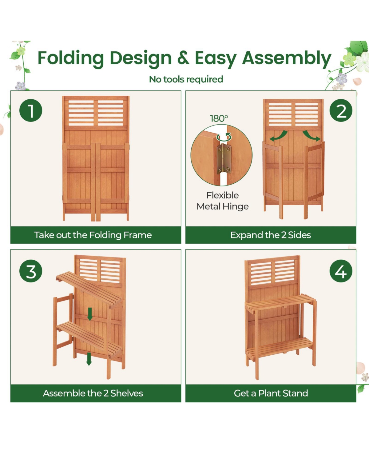 Sugift Folding Garden Potting Bench with 2-Tier Storage Shelves and Teak Oil Finish