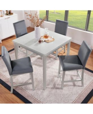 5-Piece Silver Grey Counter Height Crystal Accent Dining Set with Square Wood Table and 4 Upholstered Chairs