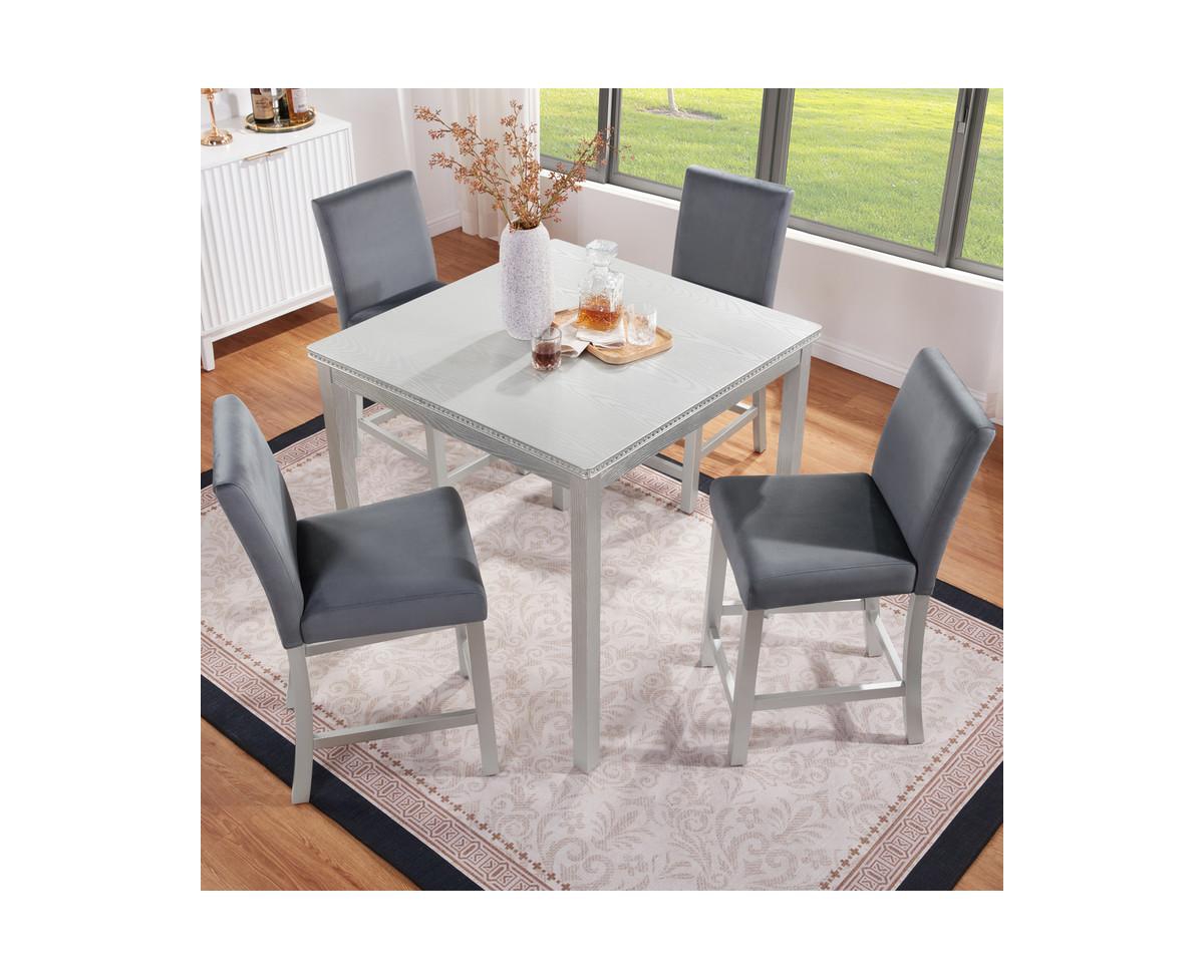 sumyeg 5-Piece Silver Grey Counter Height Crystal Accent Dining Set with Square Wood Table and 4 Upholstered Chairs