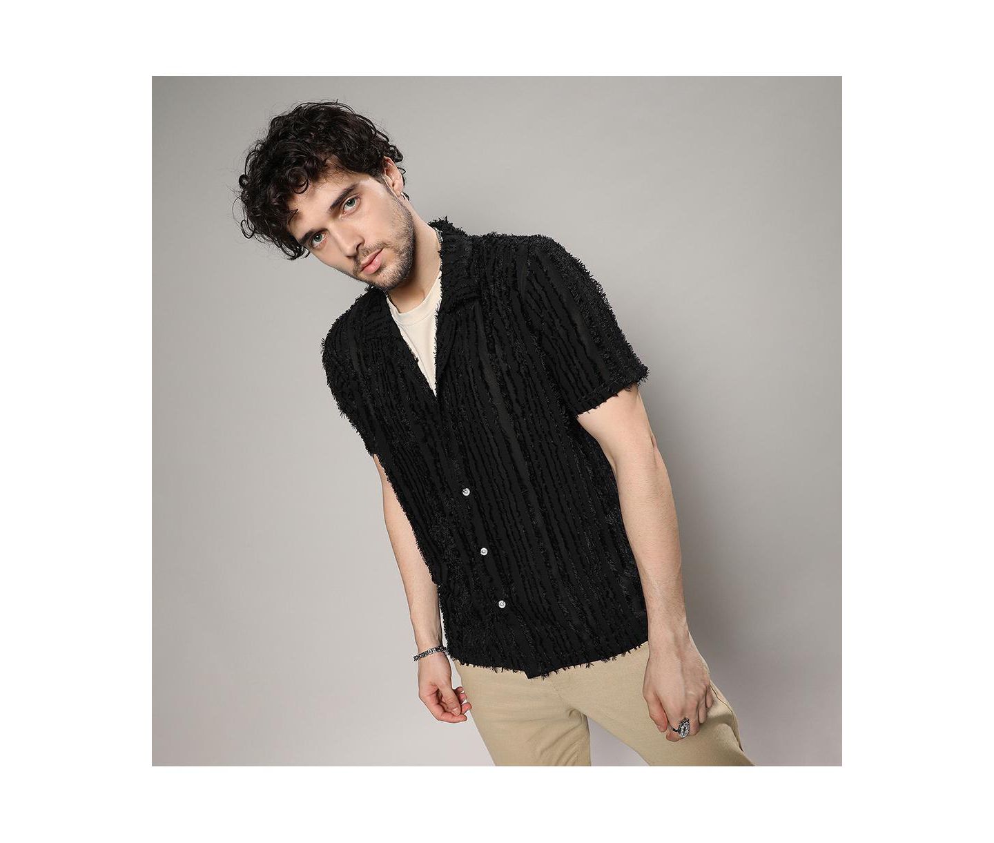 Мужская рубашка Cahoot Campus Sutra Jet Black Fleece Striped, цвет: Чёрный — фото 4