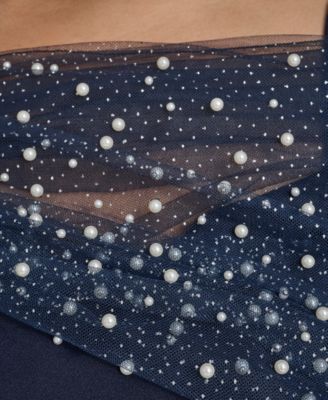 Plus Size Short-Sleeve Spaghetti Strap Beaded Twist Overlay Gown