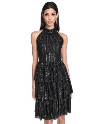 Women's Petite Mock Neck Halter Tiered Dress