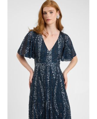 Women's Embellished Sequin Beaded Maxi Dress With Flutter Sleeve
