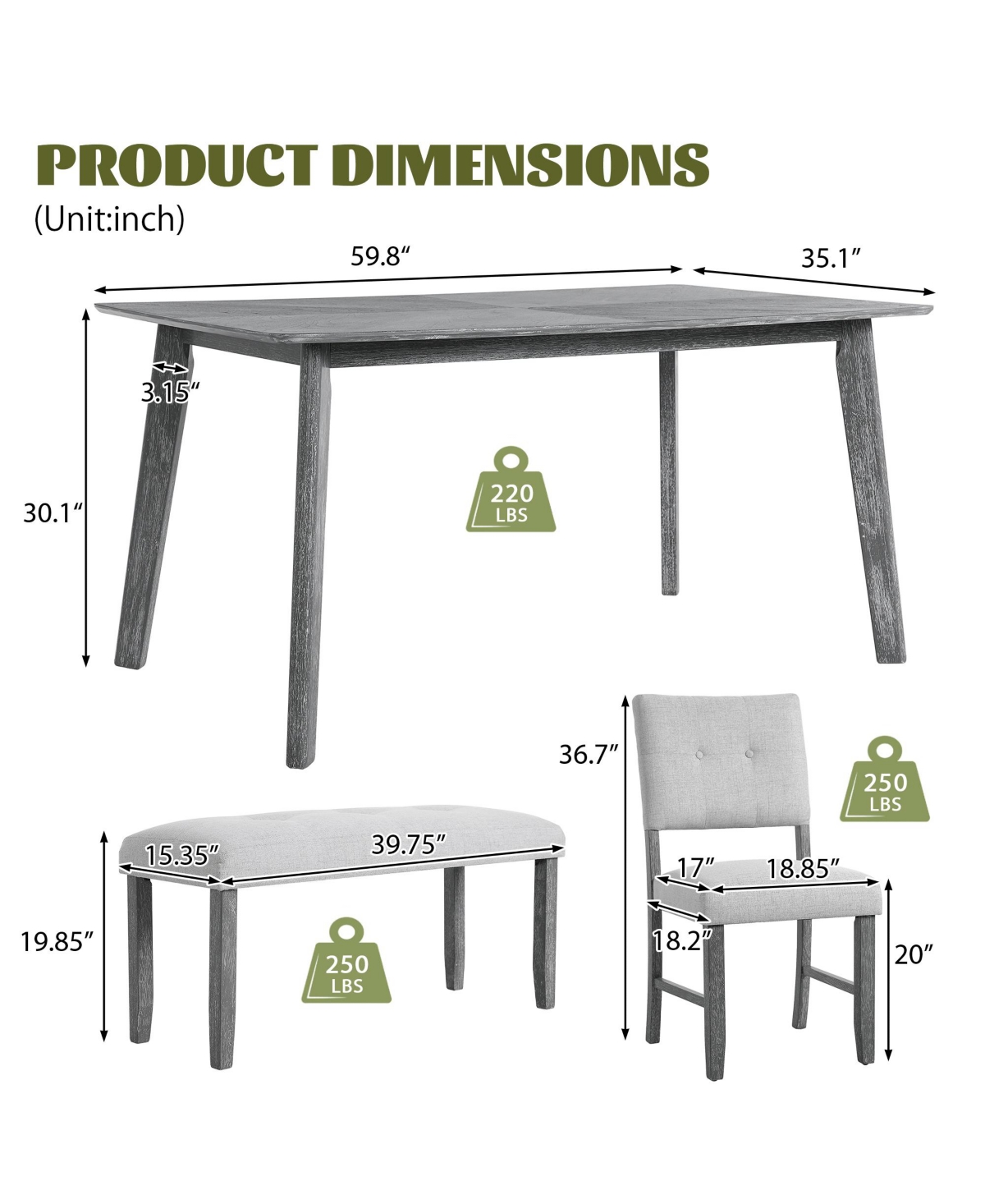 Casainc 6-Piece Farmhouse Dining Set with Rectangular Wood Table 4 Upholstered Chairs and Bench in Gray