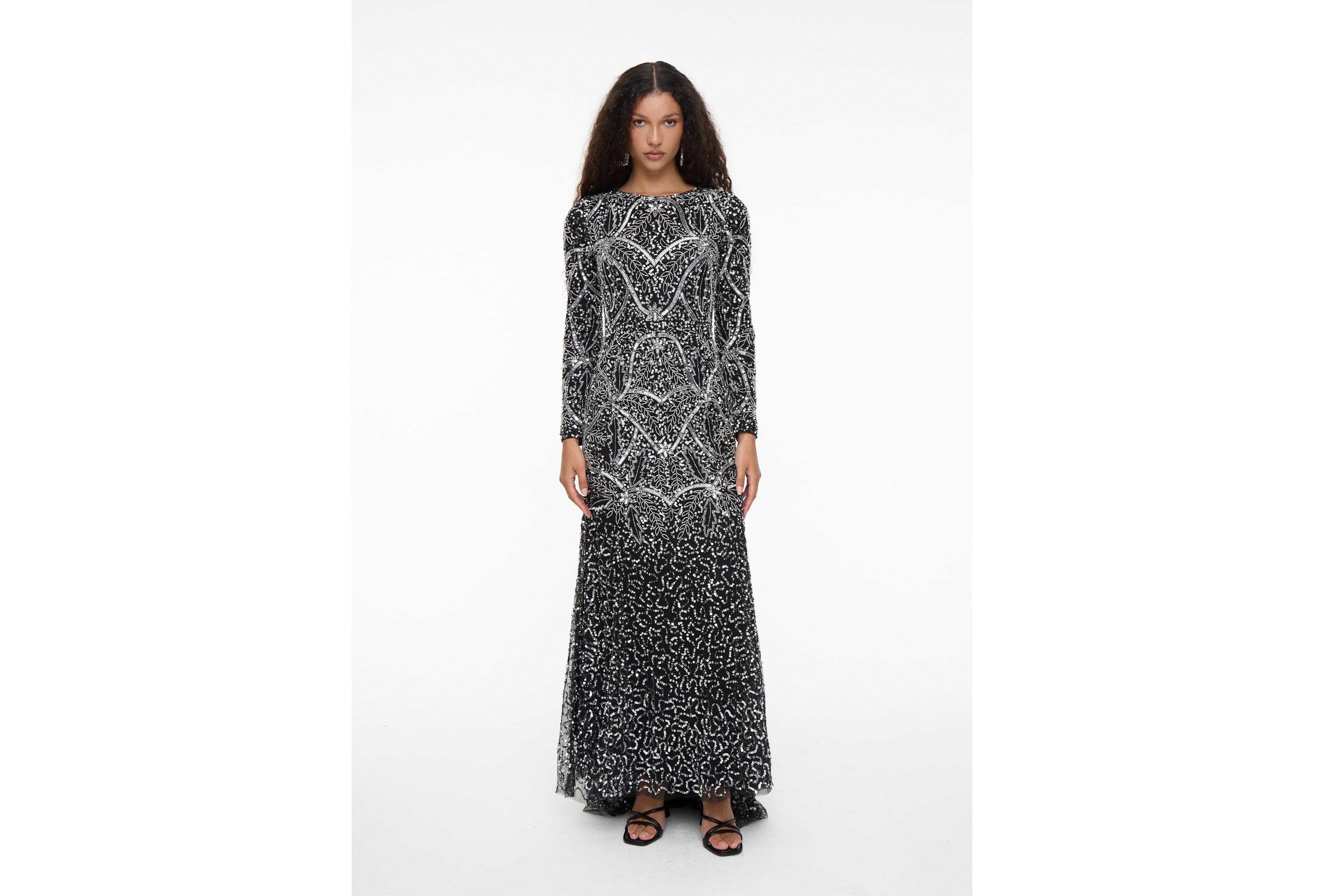 Maryisa Women's Modest Embellished Sequin Beaded Dress Maxi With Fit Bodice and Trail