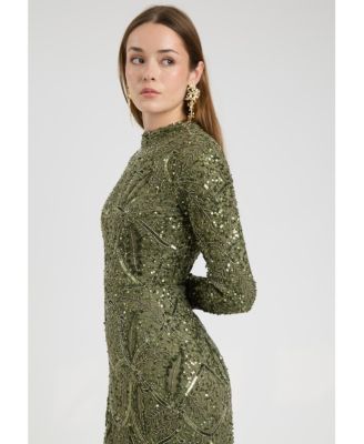 Women's Modest Embellished Sequin Beaded Dress Maxi With Trail