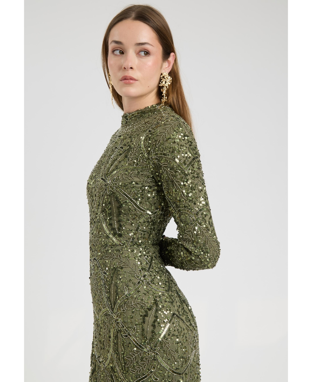 Maryisa Women's Modest Embellished Sequin Beaded Dress Maxi With Trail