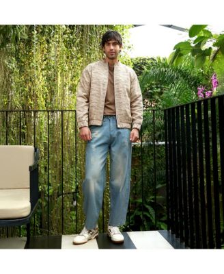 Men's Khaki Brown Lined-Jacquard Bomber Jacket