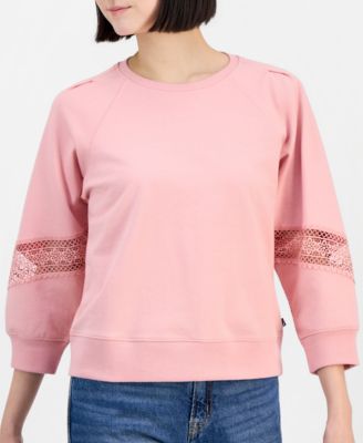Women's Pleated Lace-Trim 3/4-Sleeve Sweatshirt